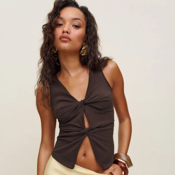 Reformation Tefi Knit Top in Mole Brown - Picture 1 of 3